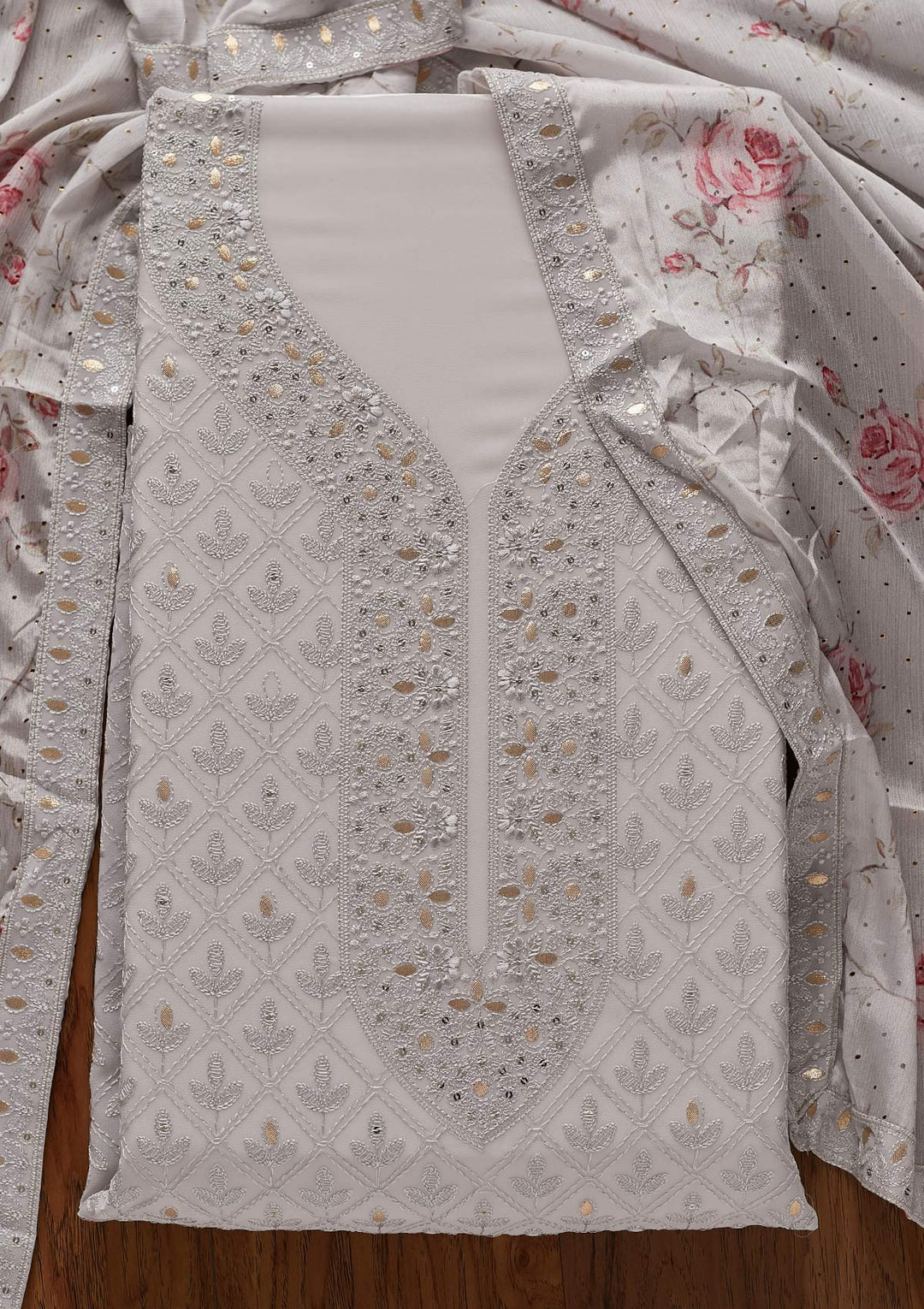 Light Grey Threadwork Georgette Designer Unstitched Salwar Suit - koskii