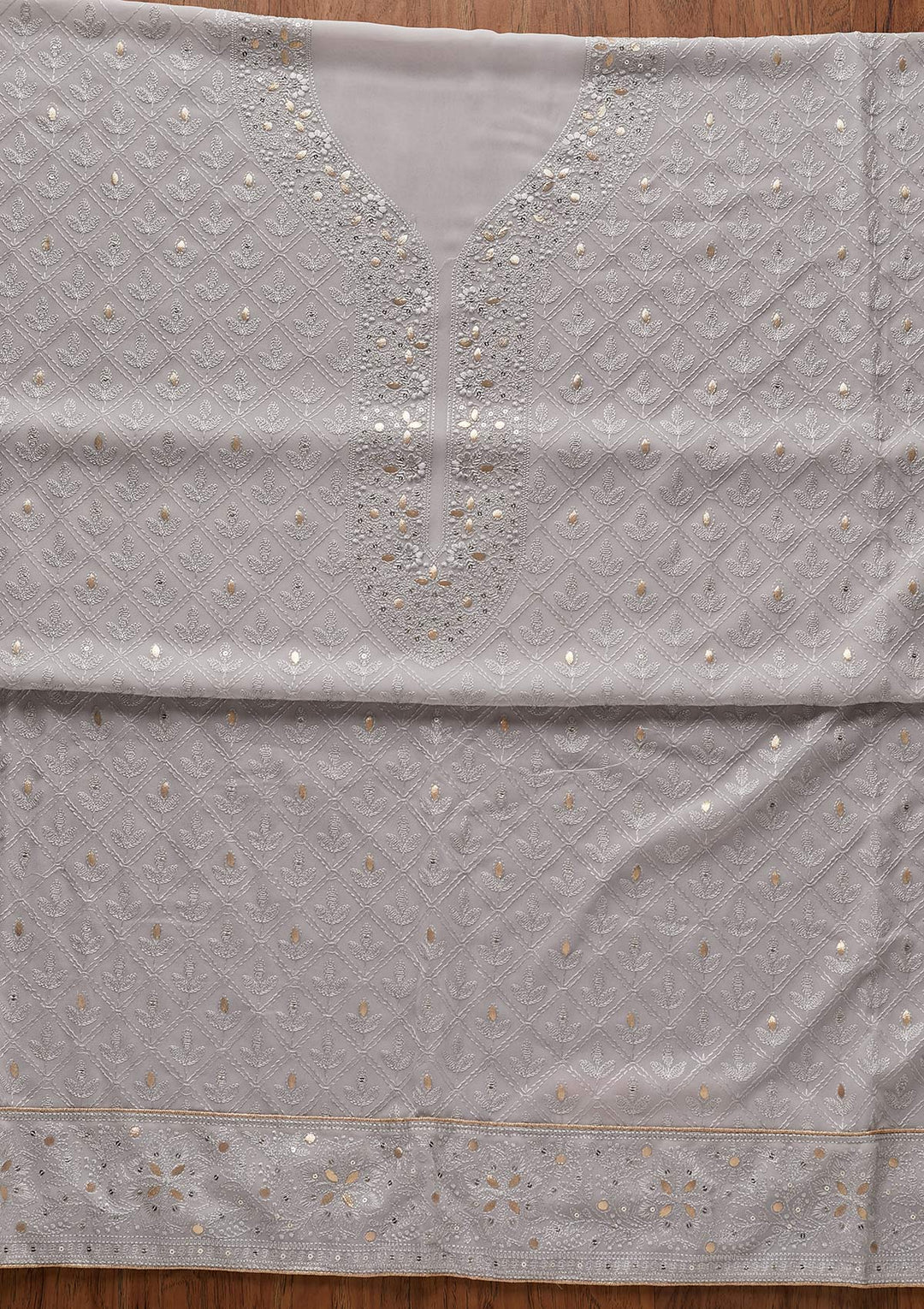 Light Grey Threadwork Georgette Designer Unstitched Salwar Suit - koskii