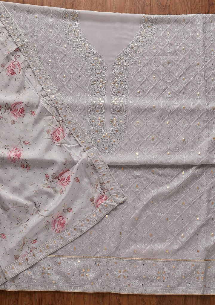 Light Grey Threadwork Georgette Designer Unstitched Salwar Suit - koskii