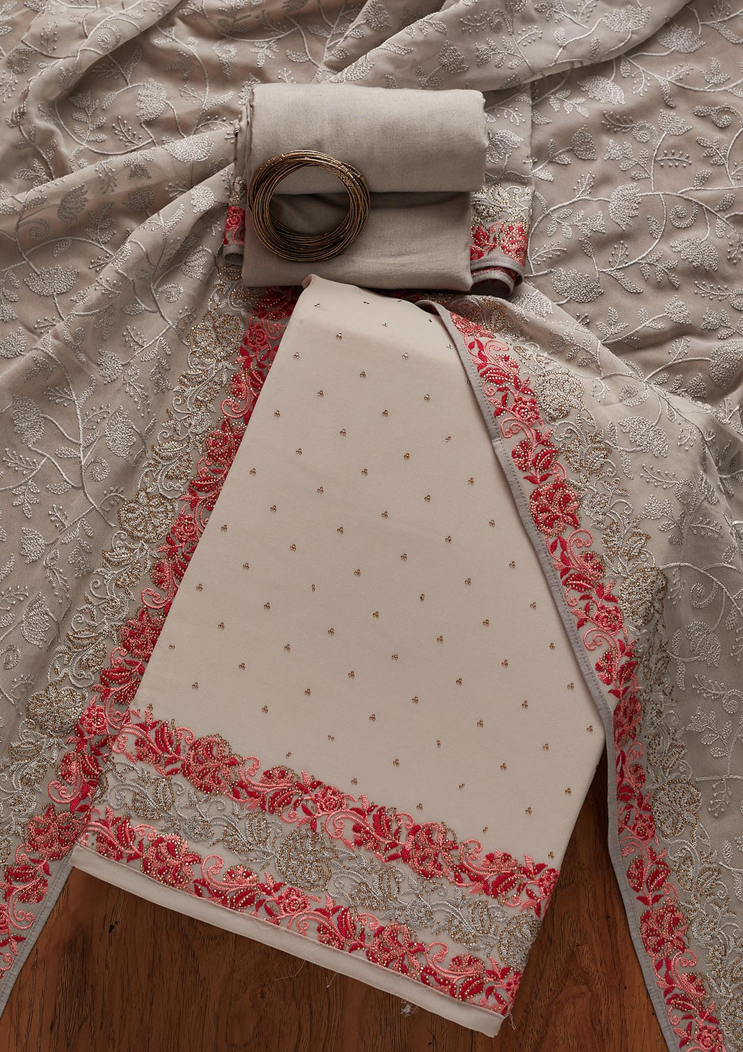 Light Grey Threadwork Georgette Designer Unstitched Salwar Suit - koskii