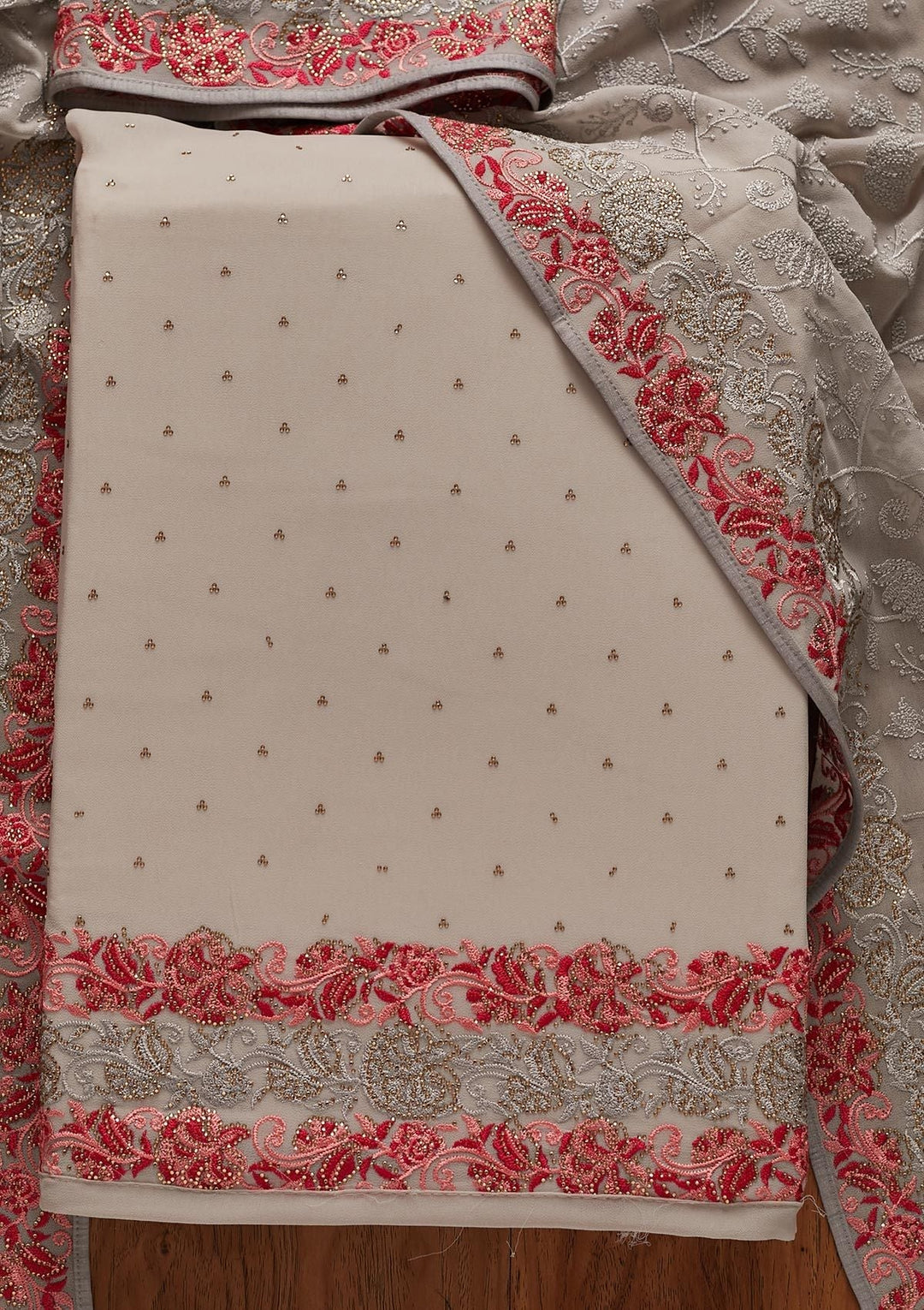 Light Grey Threadwork Georgette Designer Unstitched Salwar Suit - koskii