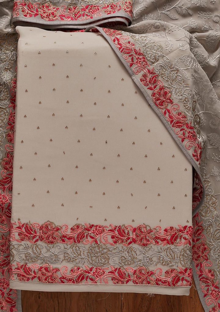 Light Grey Threadwork Georgette Designer Unstitched Salwar Suit - koskii
