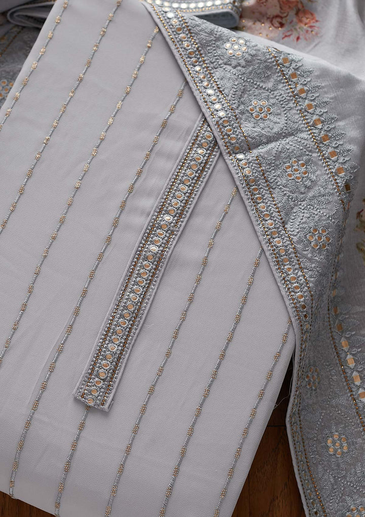 Light Grey Threadwork Georgette Designer Unstitched Salwar Suit - koskii