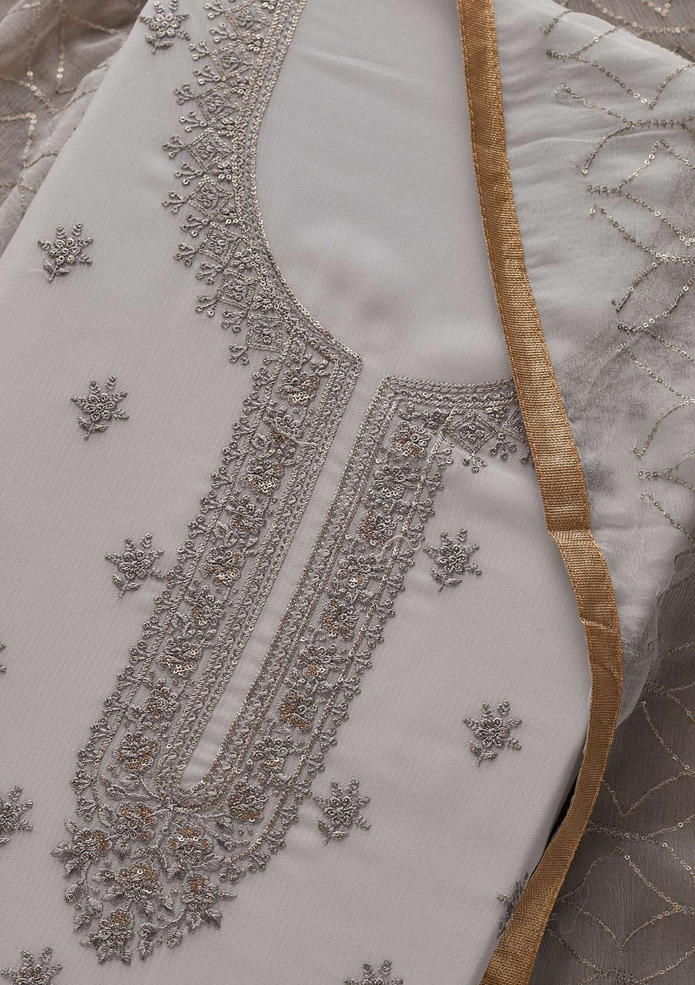 Light Grey Threadwork Georgette Designer Unstitched Salwar Suit - Koskii
