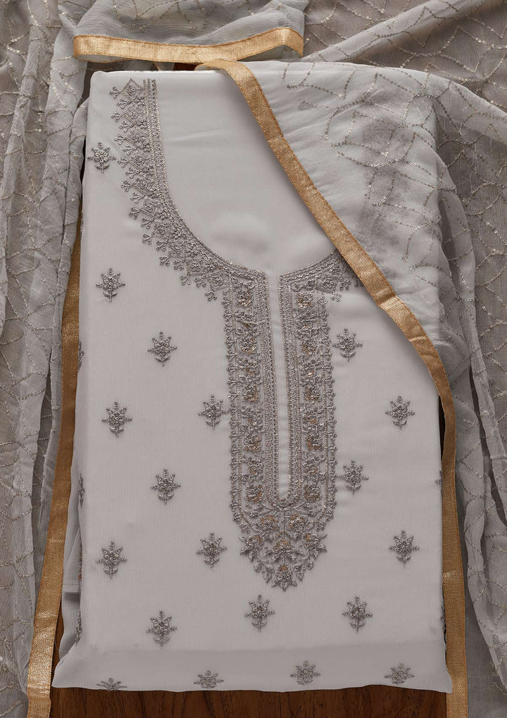 Light Grey Threadwork Georgette Designer Unstitched Salwar Suit - Koskii