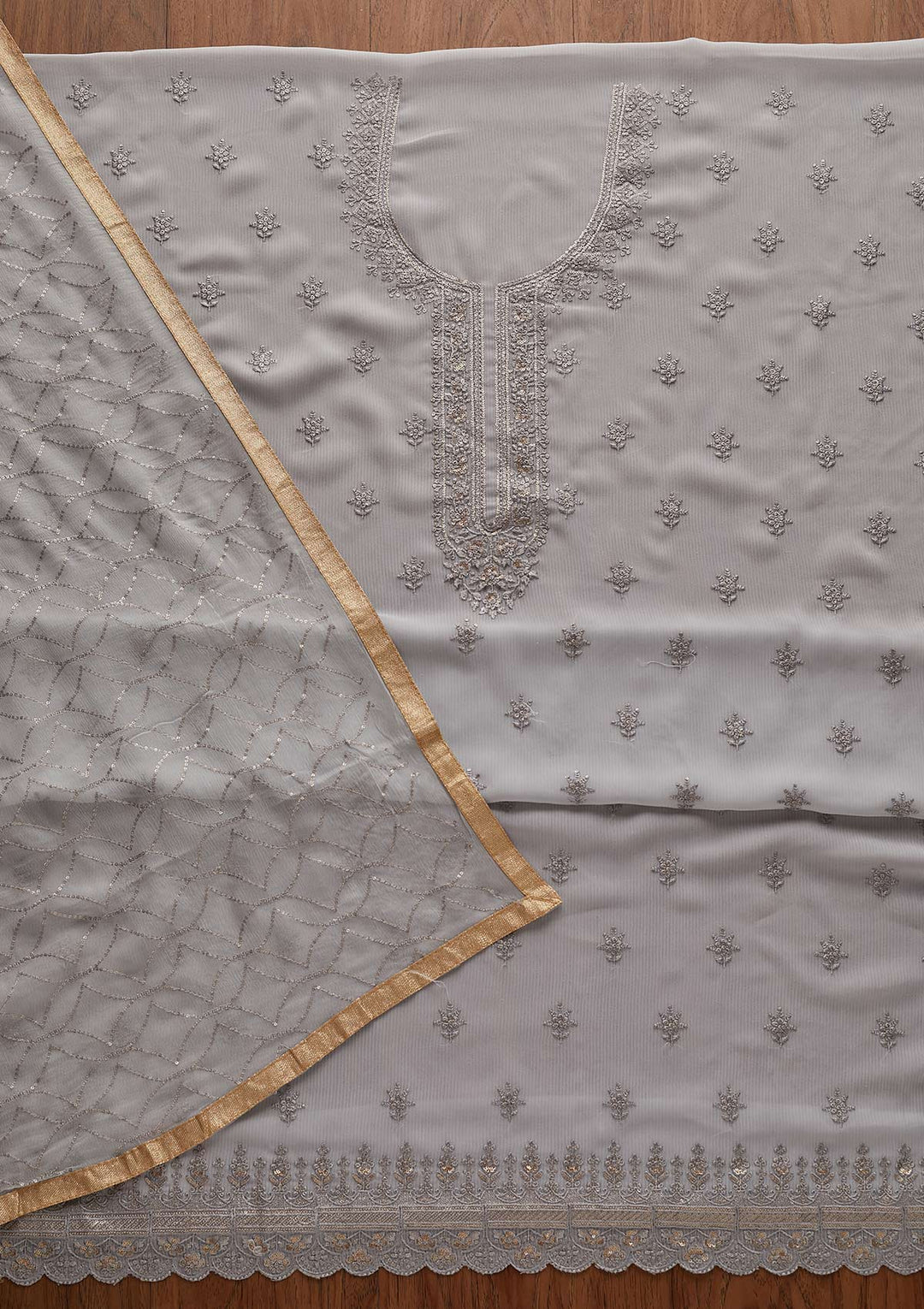Light Grey Threadwork Georgette Designer Unstitched Salwar Suit - Koskii