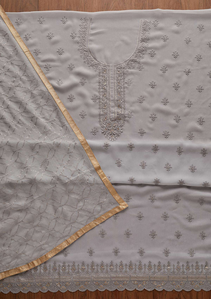 Light Grey Threadwork Georgette Designer Unstitched Salwar Suit - Koskii