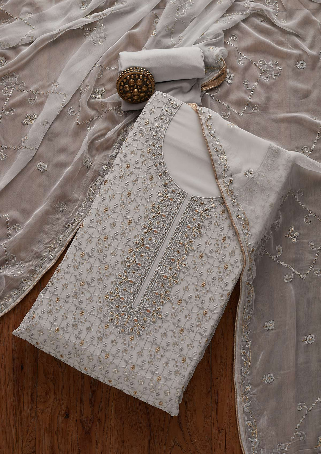 Light Grey Threadwork Georgette Designer Unstitched Salwar Suit - Koskii