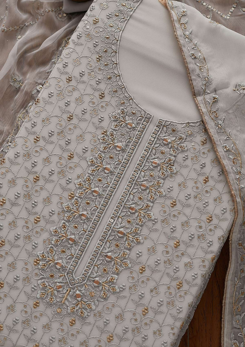 Light Grey Threadwork Georgette Designer Unstitched Salwar Suit - Koskii