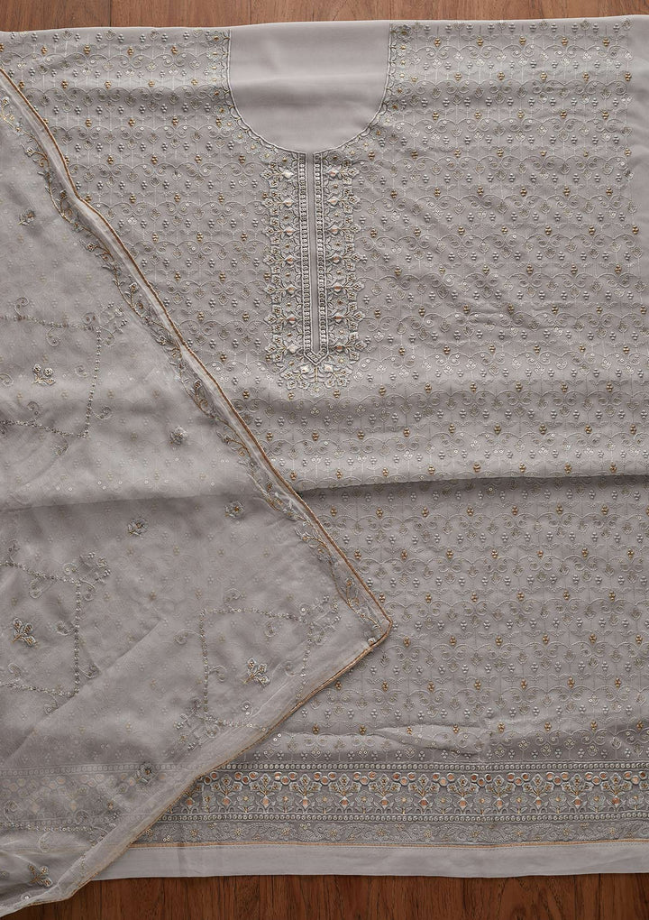 Light Grey Threadwork Georgette Designer Unstitched Salwar Suit - Koskii