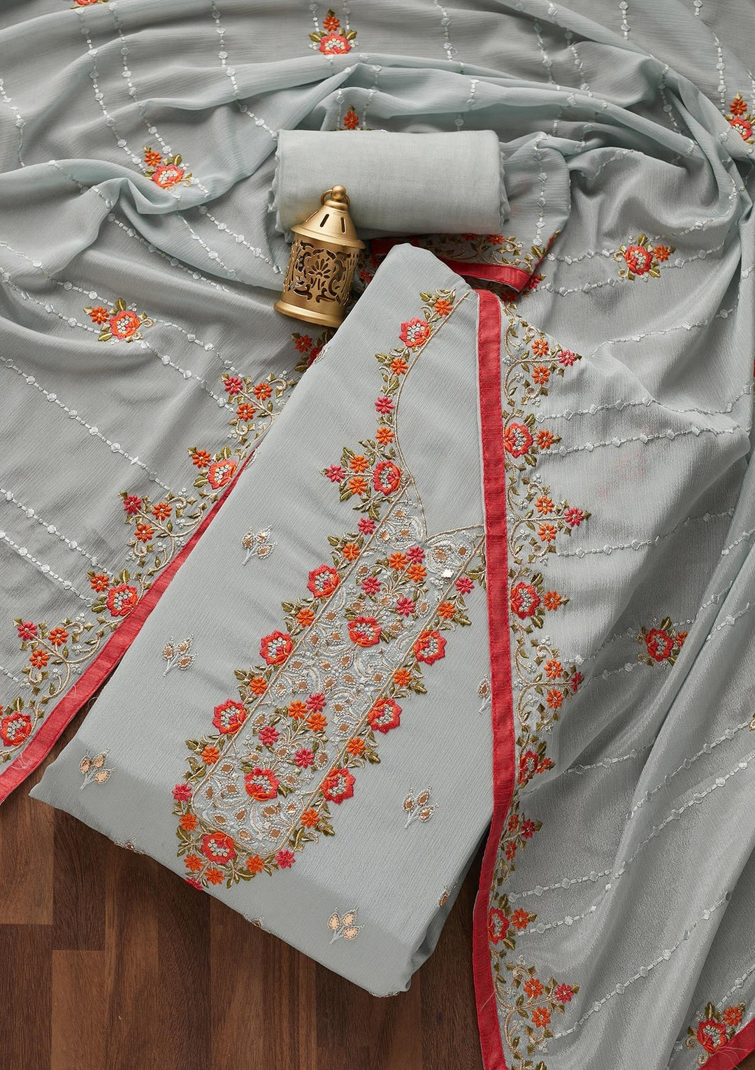 Light Grey Threadwork Georgette Unstitched Salwar Suit - Koskii