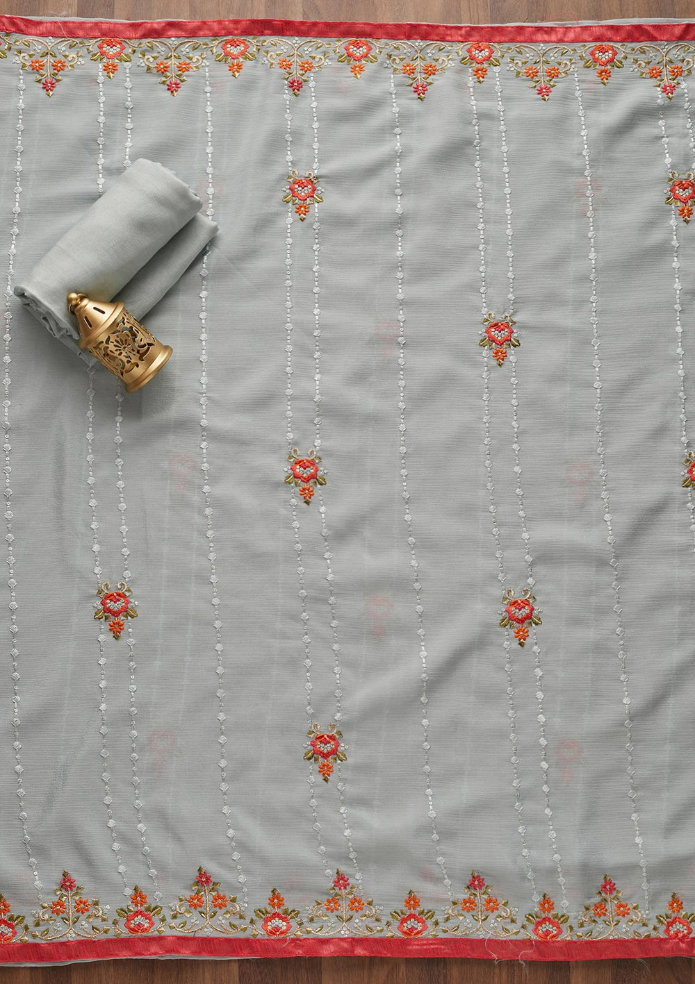 Light Grey Threadwork Georgette Unstitched Salwar Suit - Koskii