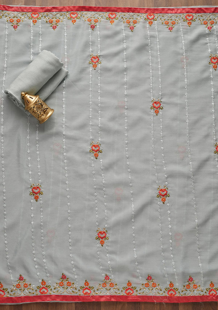 Light Grey Threadwork Georgette Unstitched Salwar Suit - Koskii