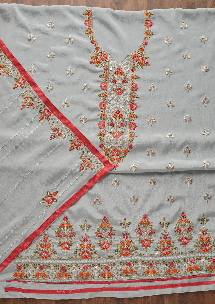 Light Grey Threadwork Georgette Unstitched Salwar Suit - Koskii