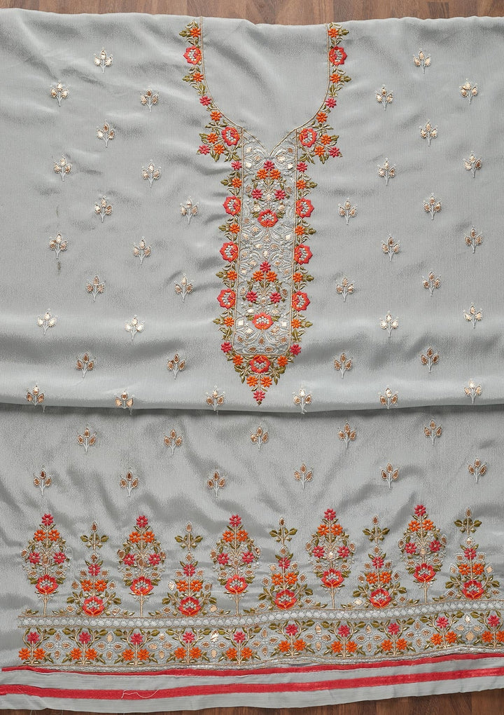 Light Grey Threadwork Georgette Unstitched Salwar Suit - Koskii