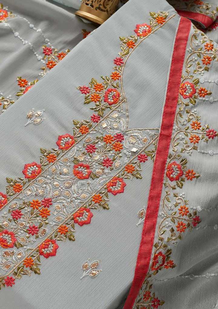 Light Grey Threadwork Georgette Unstitched Salwar Suit - Koskii