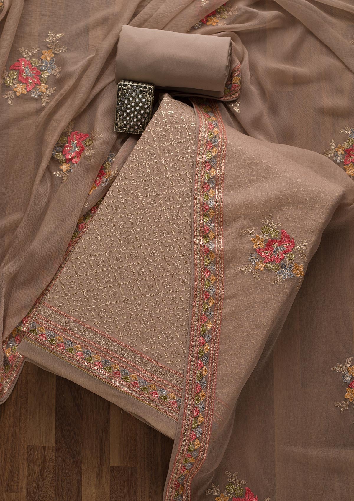 Light Grey Threadwork Georgette Unstitched Salwar Suit-Koskii