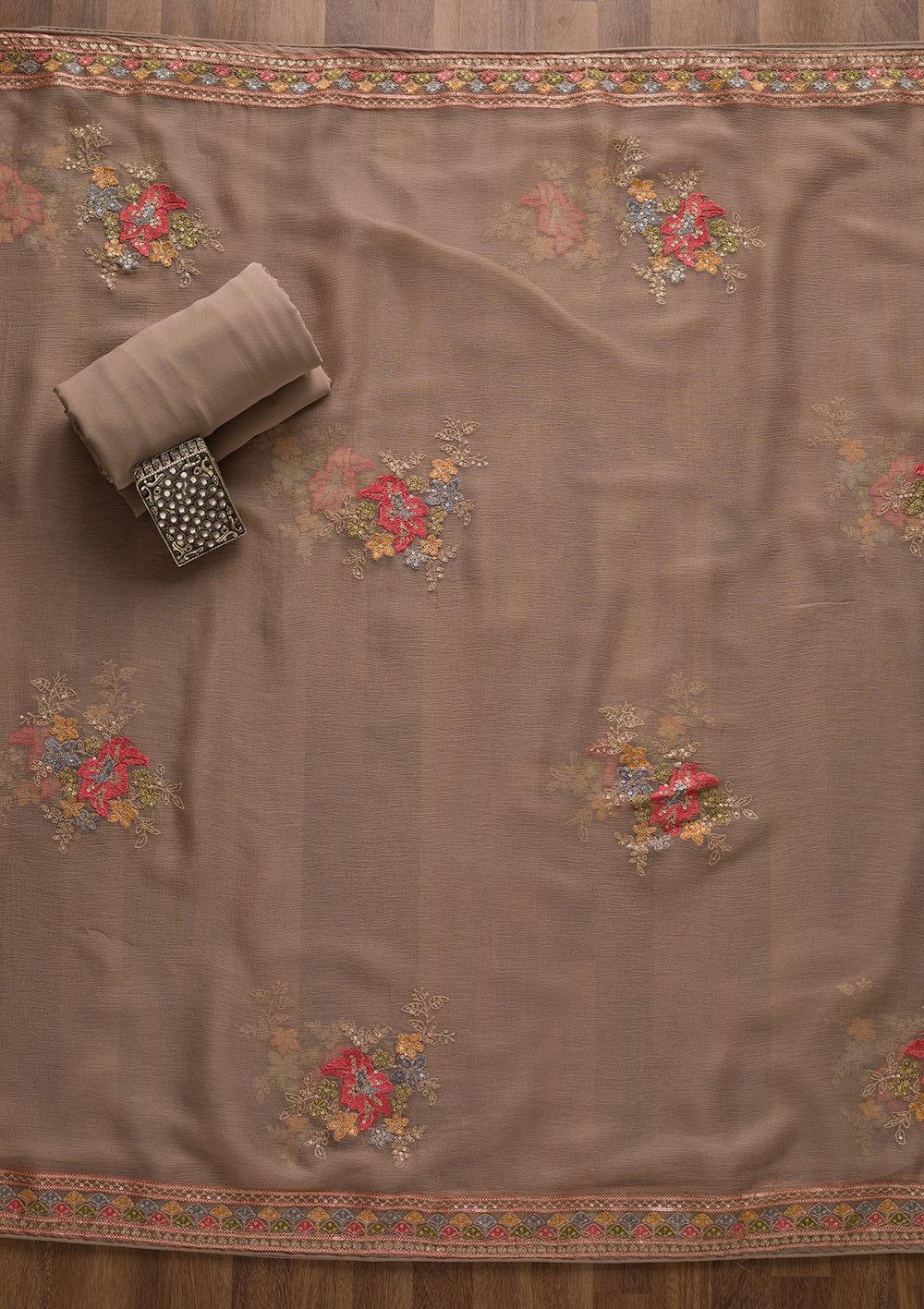 Light Grey Threadwork Georgette Unstitched Salwar Suit-Koskii