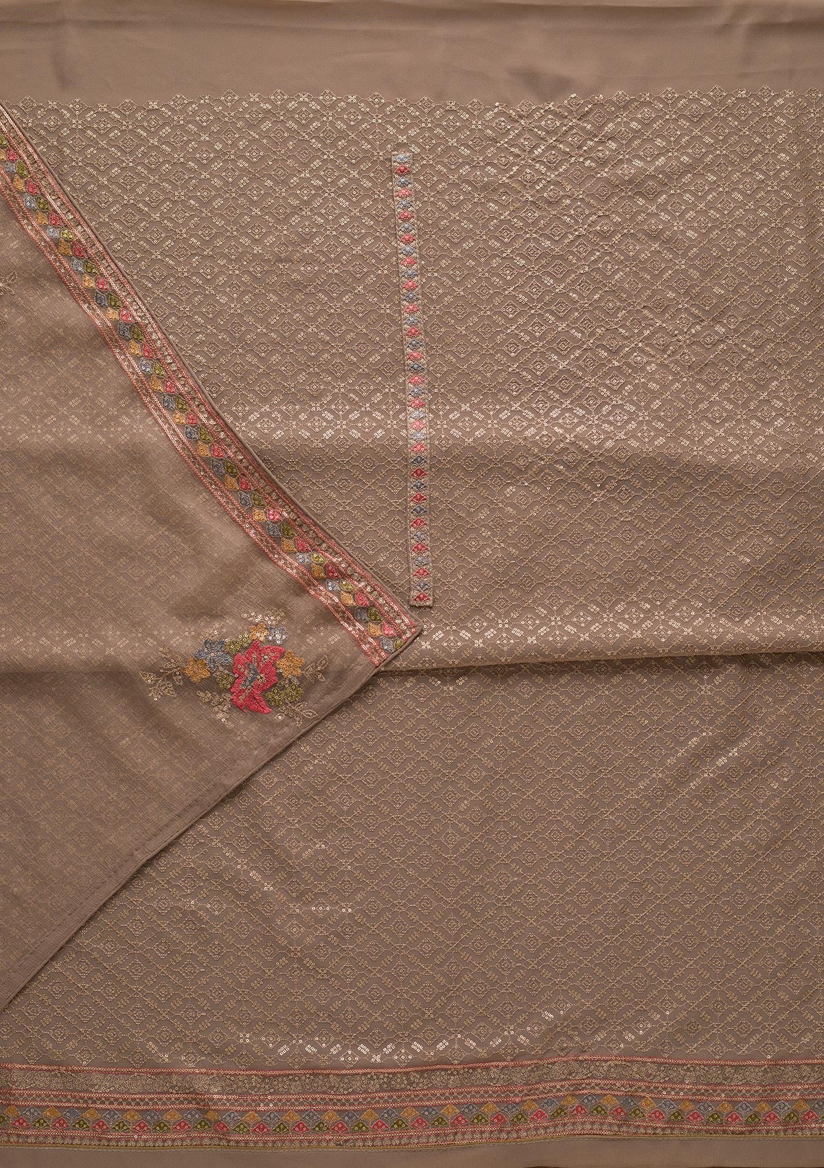 Light Grey Threadwork Georgette Unstitched Salwar Suit-Koskii