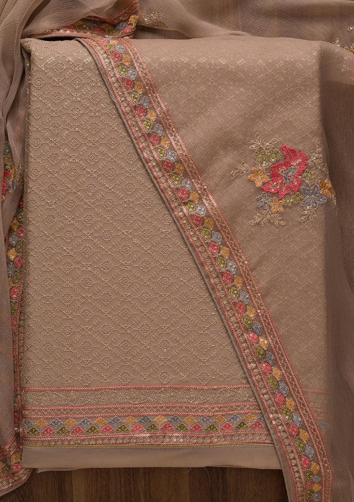 Light Grey Threadwork Georgette Unstitched Salwar Suit-Koskii