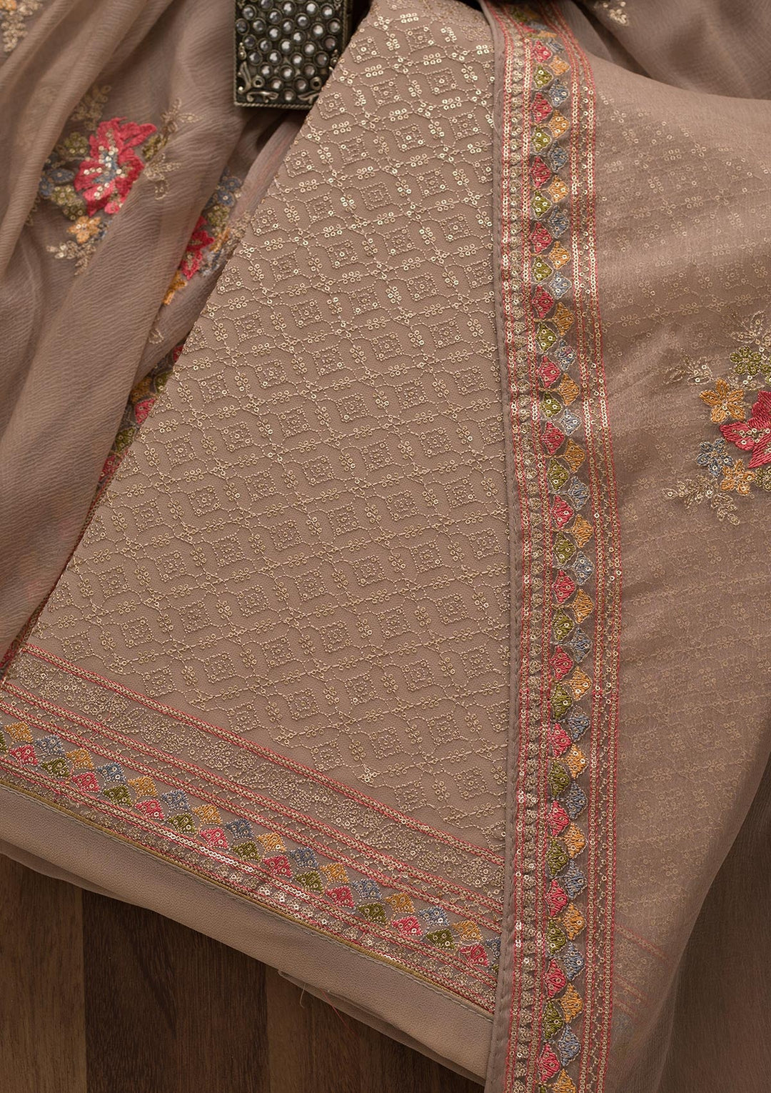 Light Grey Threadwork Georgette Unstitched Salwar Suit-Koskii