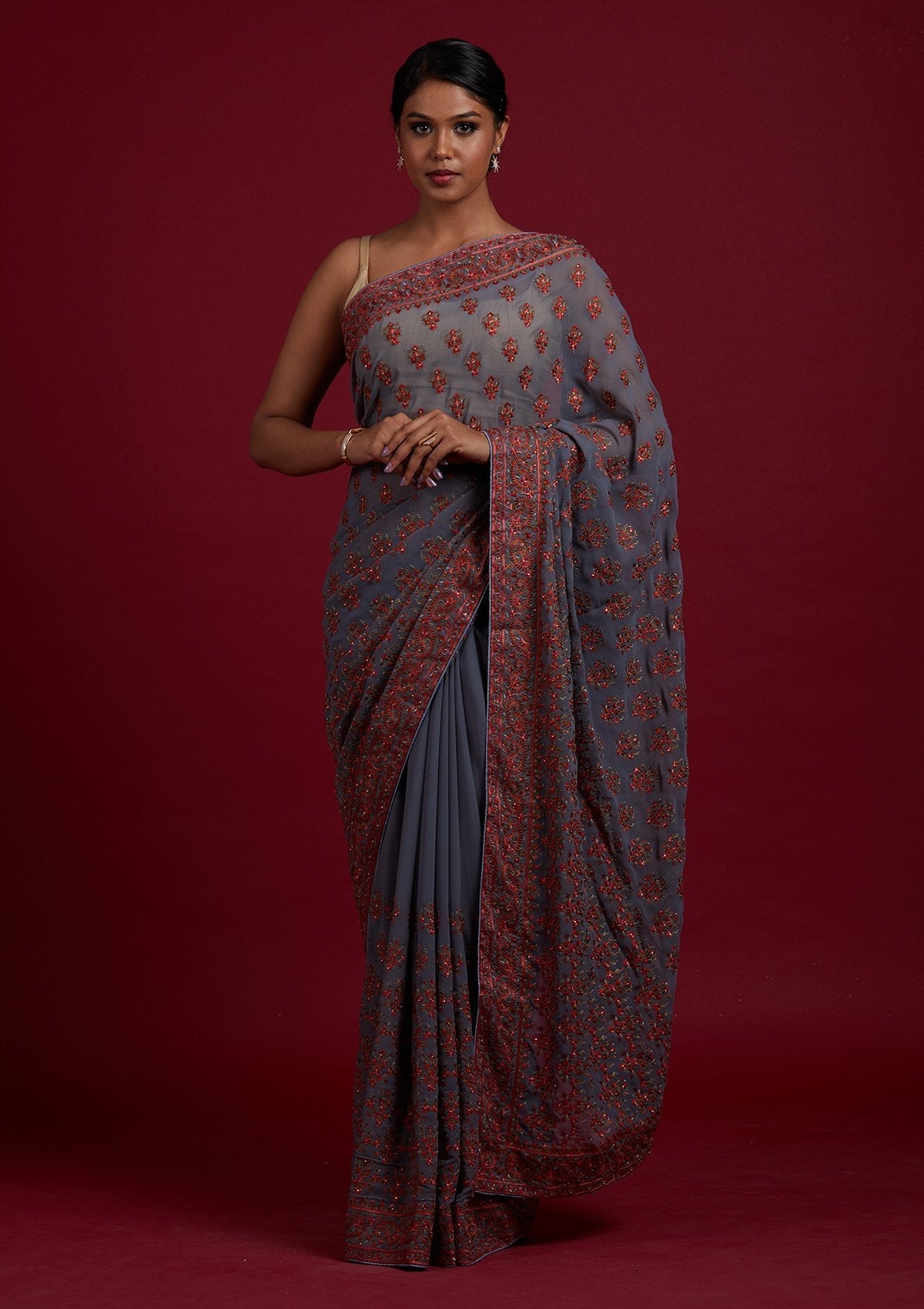 Light Grey Threadwork Georgette Designer Saree- koskii