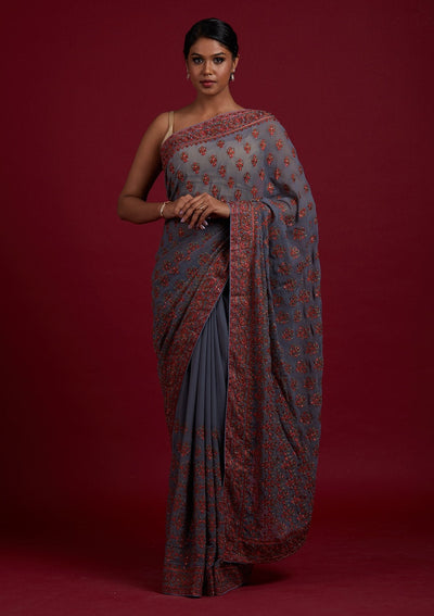 Light Grey Threadwork Georgette Designer Saree- koskii