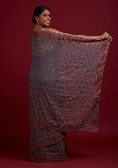 Light Grey Threadwork Georgette Designer Saree- koskii