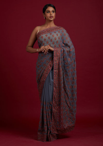 Light Grey Threadwork Georgette Designer Saree- koskii