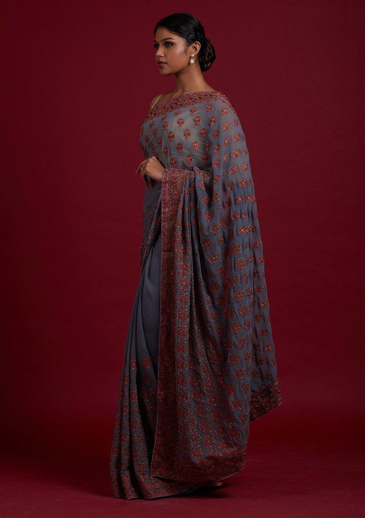 Light Grey Threadwork Georgette Designer Saree- koskii