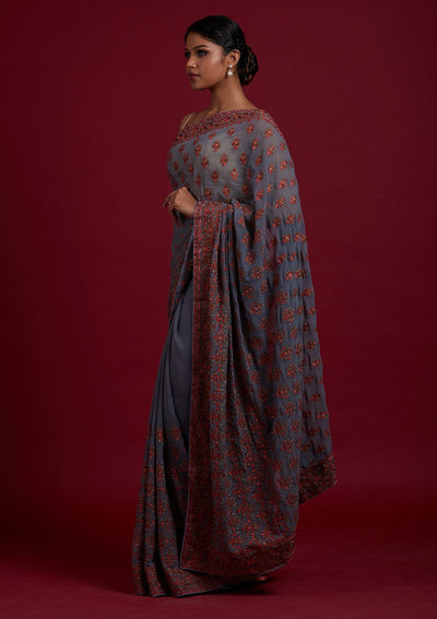 Light Grey Threadwork Georgette Designer Saree- koskii