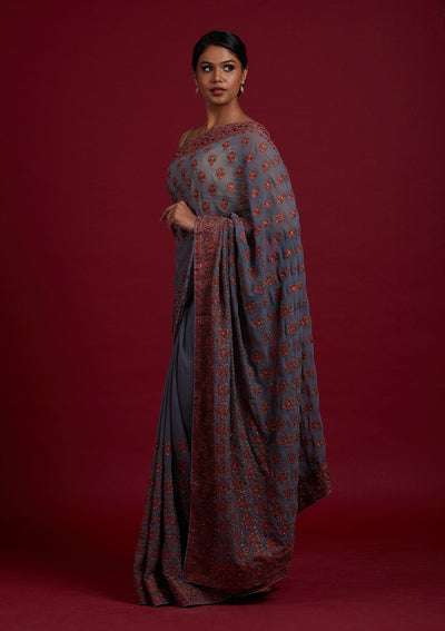Light Grey Threadwork Georgette Designer Saree- koskii