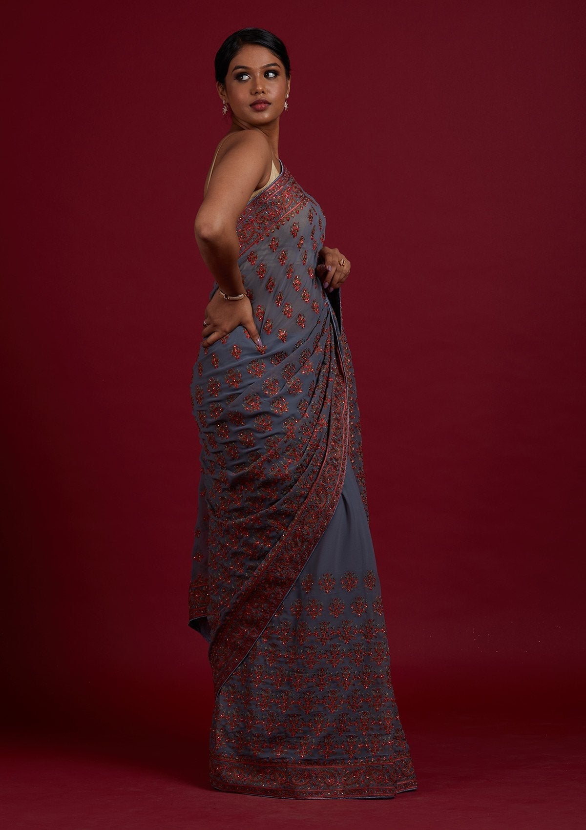 Light Grey Threadwork Georgette Designer Saree- koskii