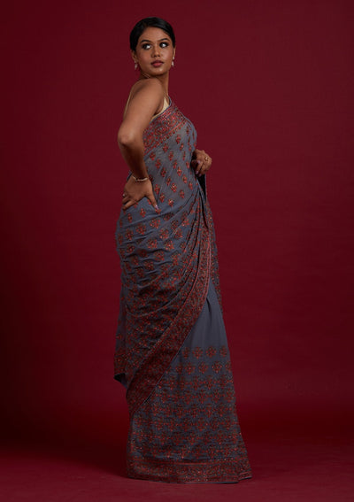 Light Grey Threadwork Georgette Designer Saree- koskii