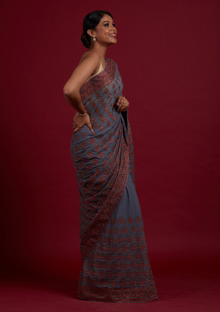 Light Grey Threadwork Georgette Designer Saree- koskii