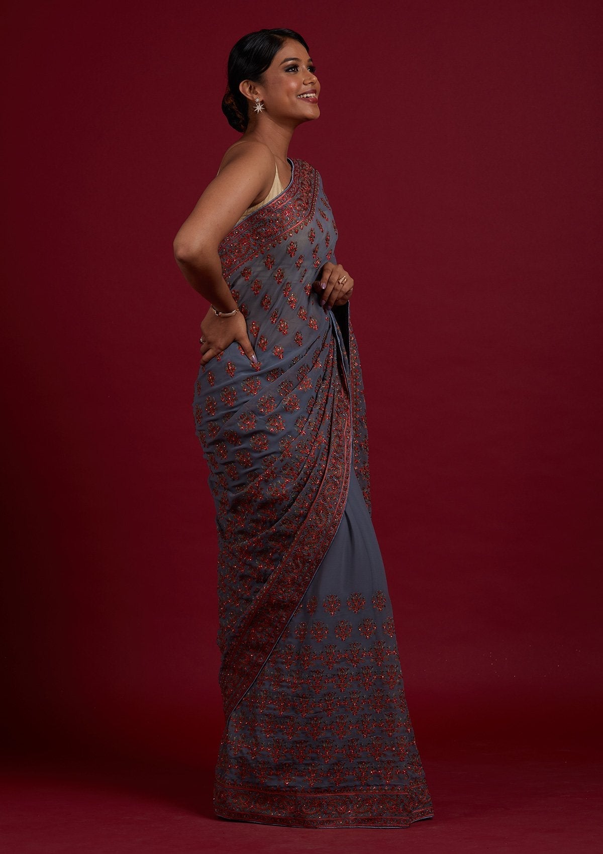 Light Grey Threadwork Georgette Designer Saree- koskii