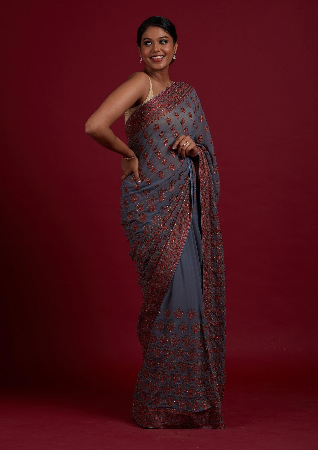 Light Grey Threadwork Georgette Designer Saree- koskii