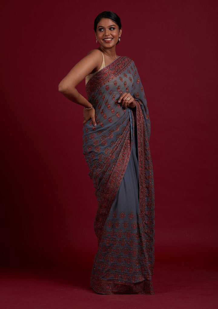 Light Grey Threadwork Georgette Designer Saree- koskii
