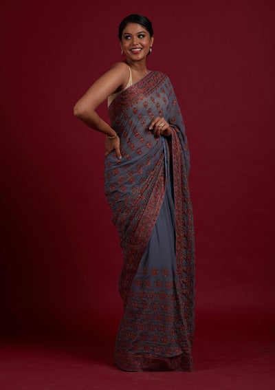Light Grey Threadwork Georgette Designer Saree- koskii