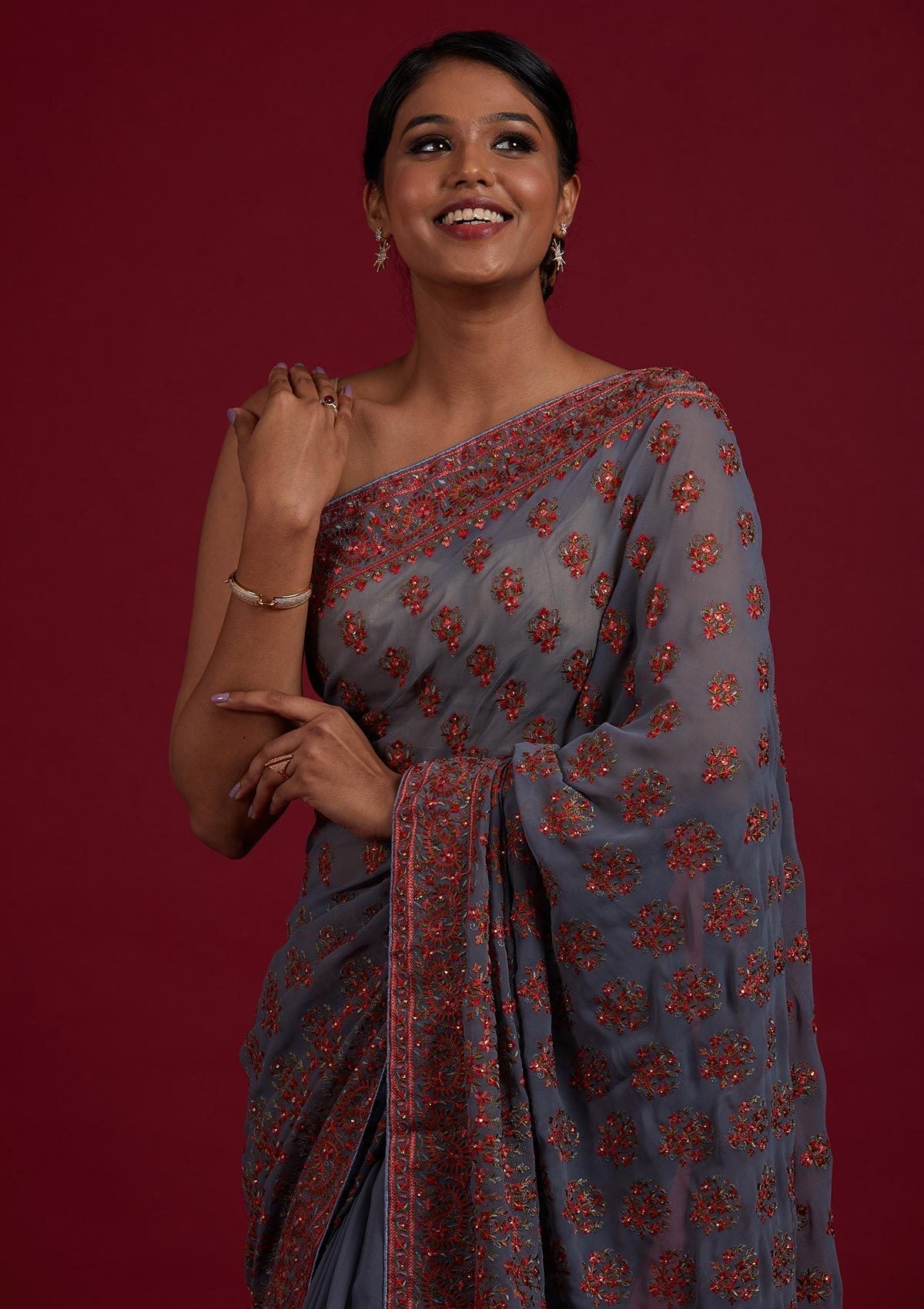 Light Grey Threadwork Georgette Designer Saree- koskii
