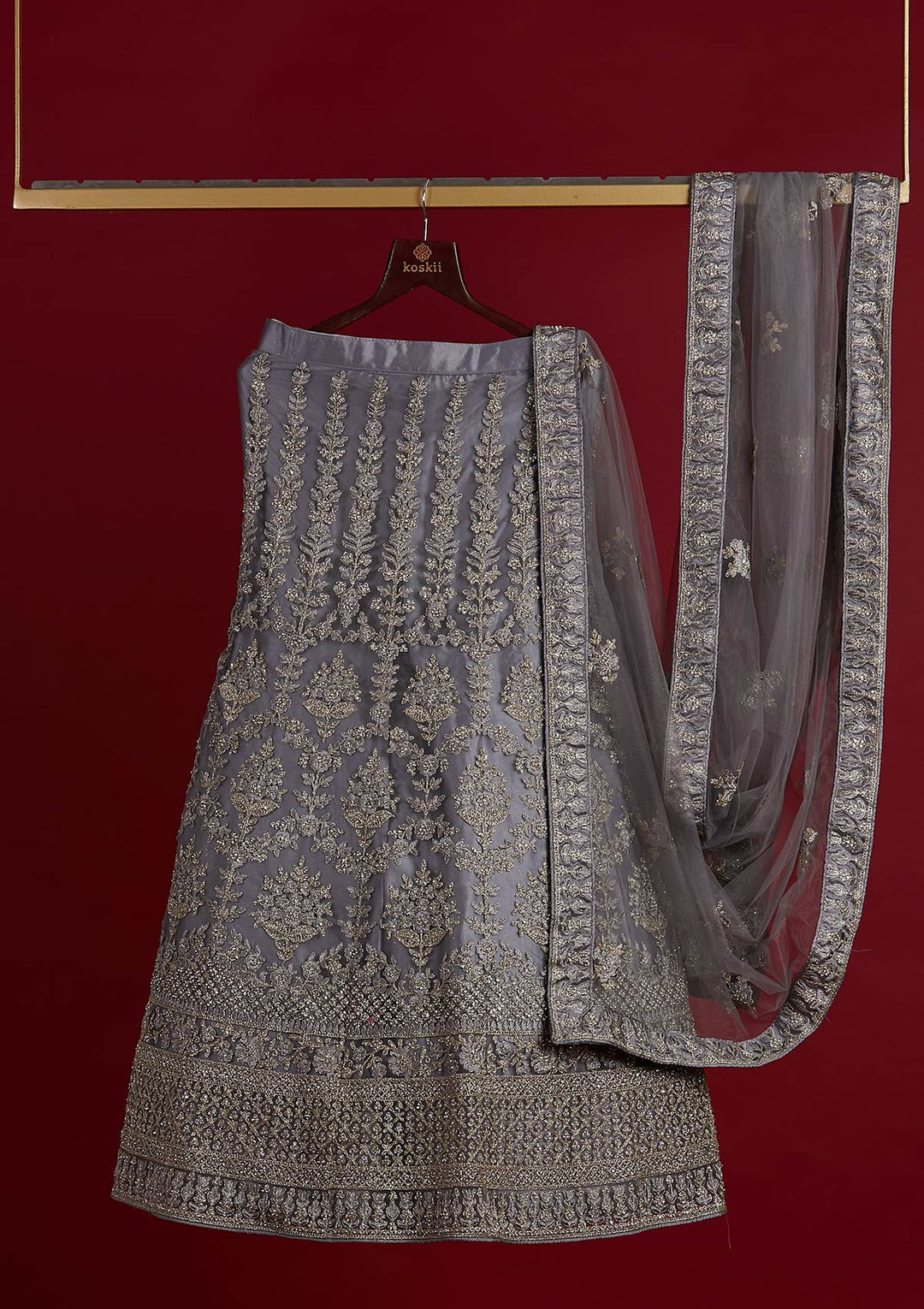 Light Grey Threadwork Net Designer Semi-Stitched Lehenga - koskii