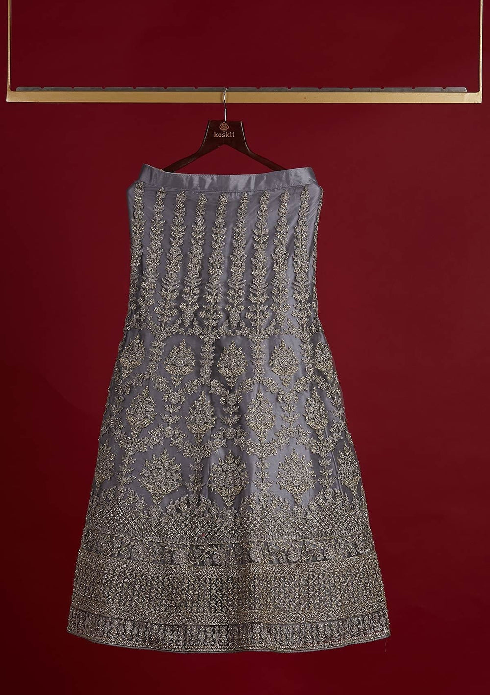 Light Grey Threadwork Net Designer Semi-Stitched Lehenga - koskii