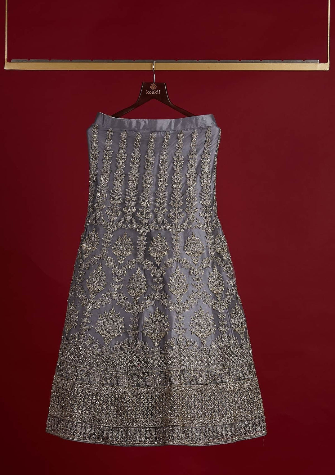 Light Grey Threadwork Net Designer Semi-Stitched Lehenga - koskii