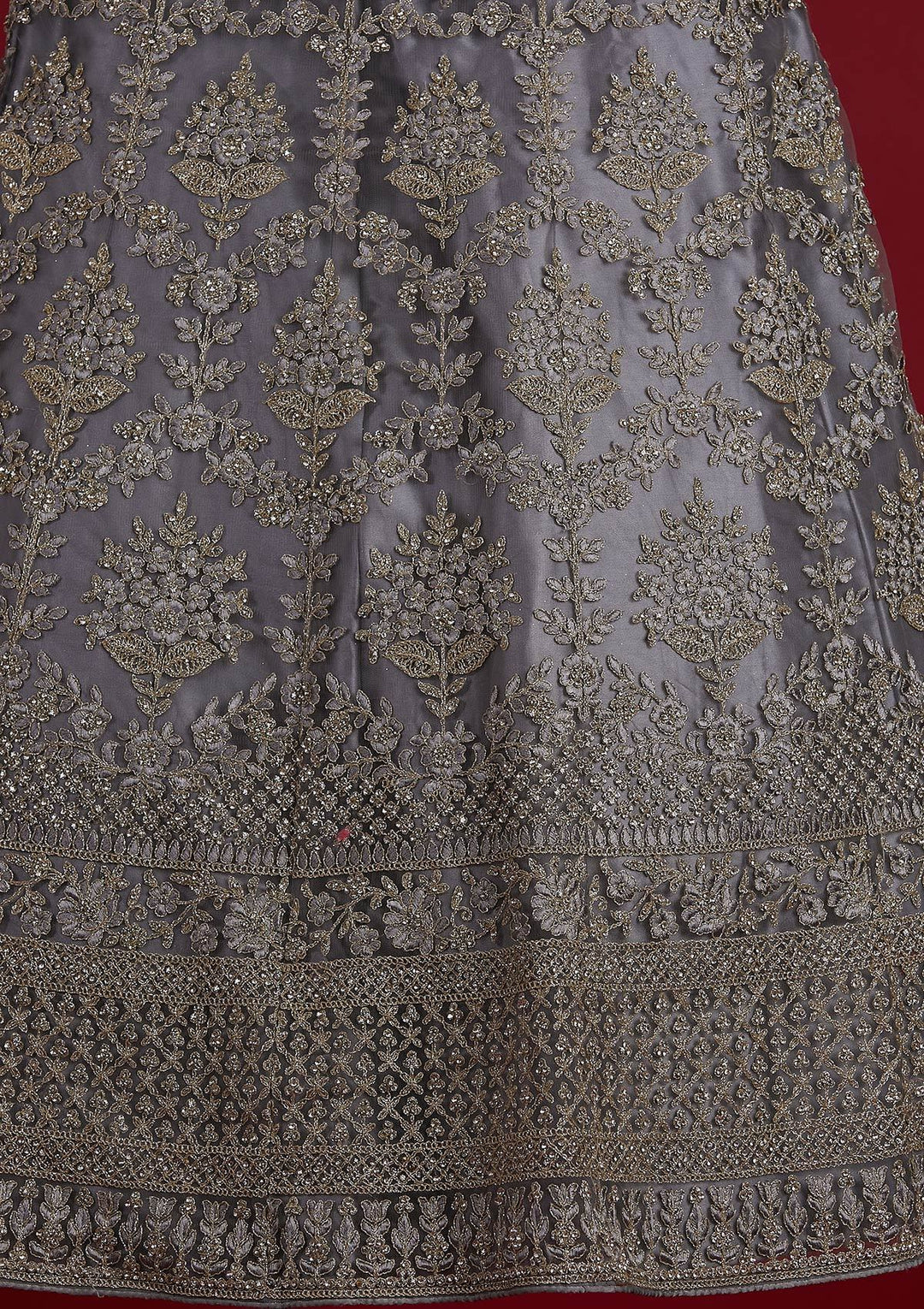 Light Grey Threadwork Net Designer Semi-Stitched Lehenga - koskii