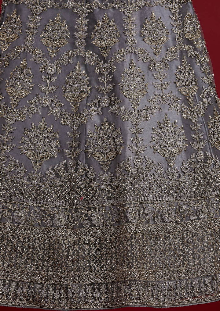 Light Grey Threadwork Net Designer Semi-Stitched Lehenga - koskii