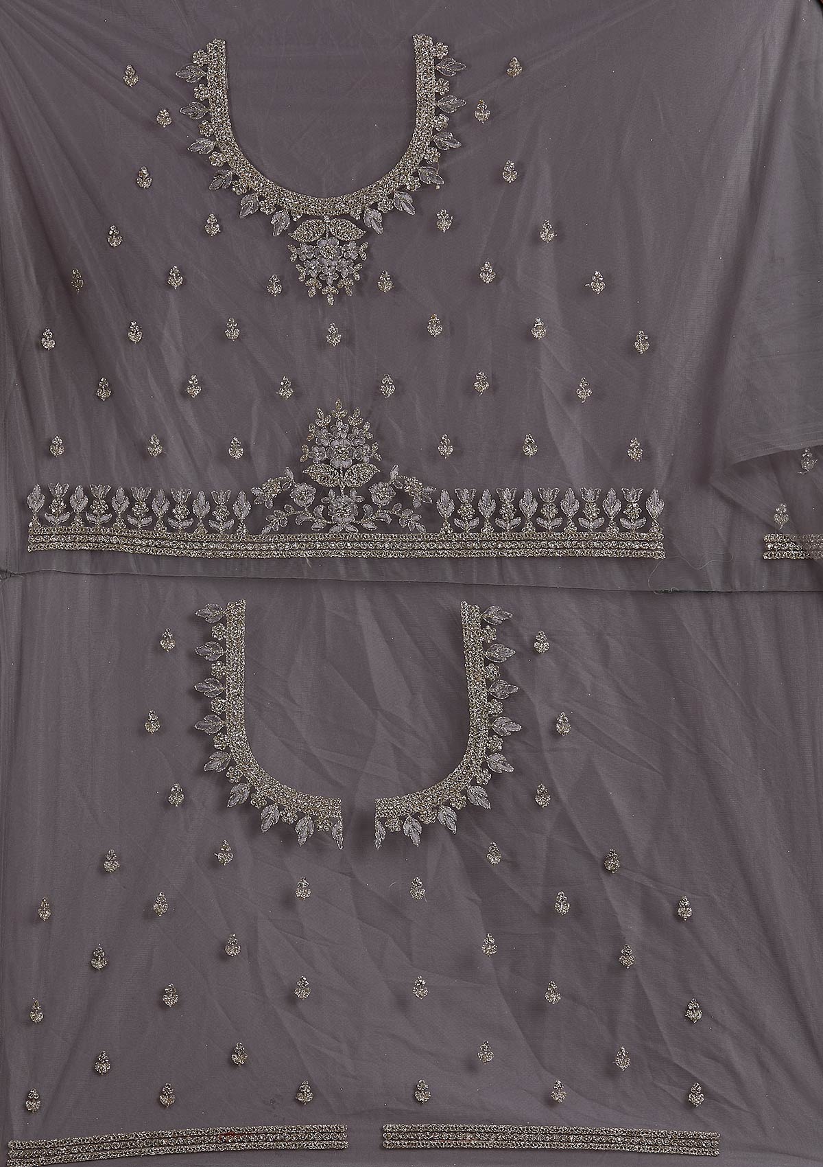 Light Grey Threadwork Net Designer Semi-Stitched Lehenga - koskii