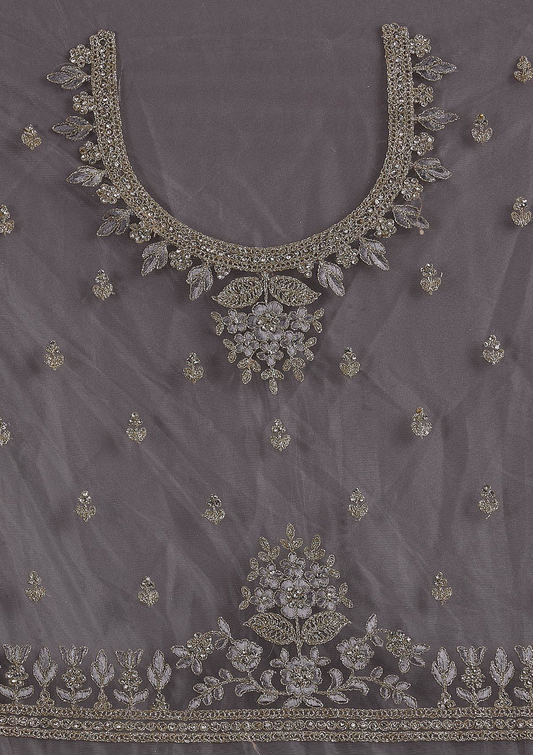 Light Grey Threadwork Net Designer Semi-Stitched Lehenga - koskii