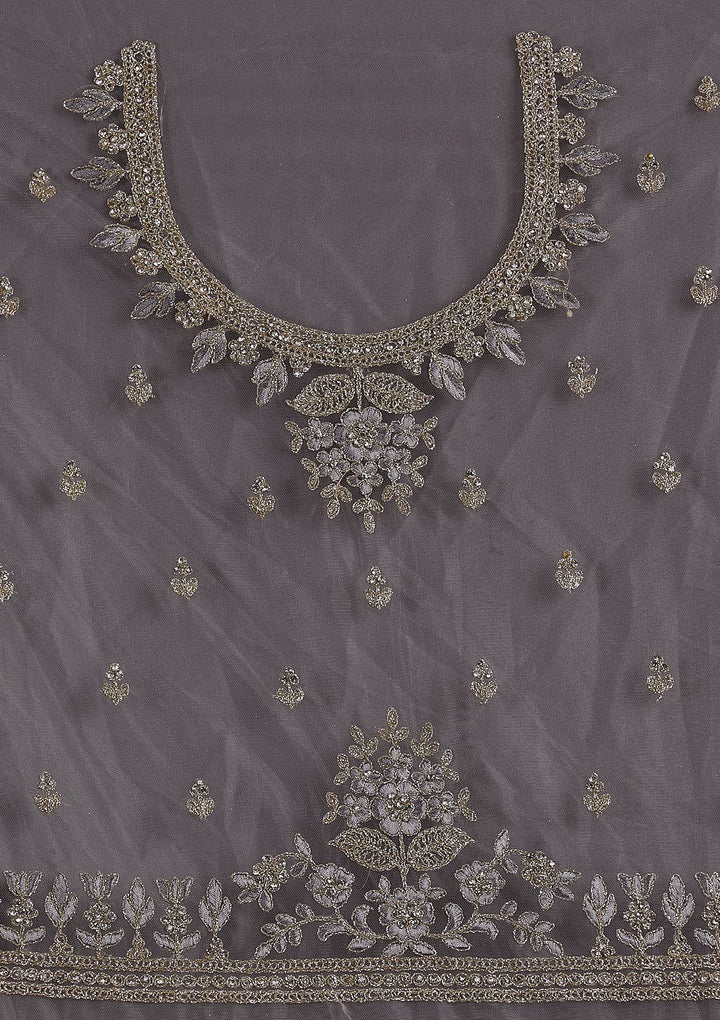 Light Grey Threadwork Net Designer Semi-Stitched Lehenga - koskii