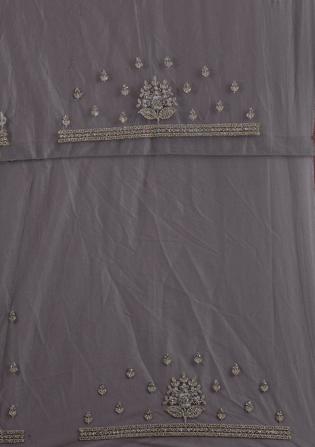 Light Grey Threadwork Net Designer Semi-Stitched Lehenga - koskii