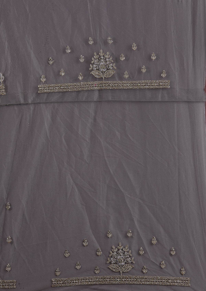 Light Grey Threadwork Net Designer Semi-Stitched Lehenga - koskii